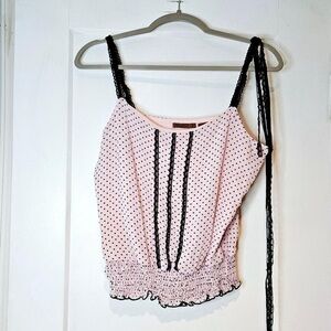 2000s Pink Polka Dot Women's Top with Black Lace Trim